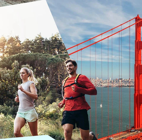 a man and a woman running in front of the golden gate bridge